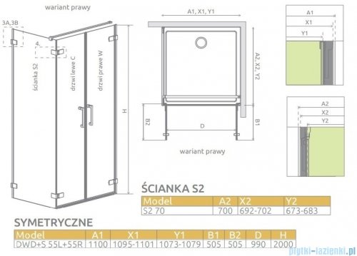 Radaway Arta Dwd+s kabina 110x70cm prawa szkło przejrzyste 386183-03-01R/386058-03-01L/386109-03-01