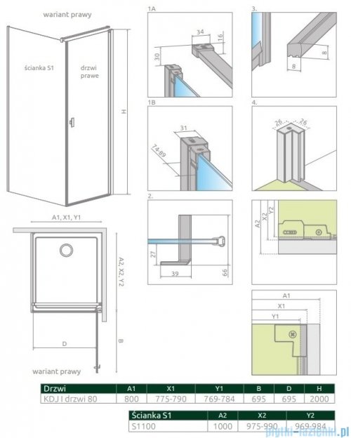 Radaway Nes 8 Kdj I kabina 80x100cm prawa szkło przejrzyste 10072080-01-01R/10089100-01-01