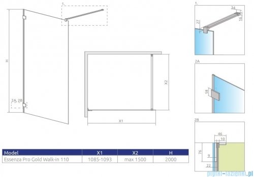 Radaway Essenza Pro Gold 110x200 kabina Walk-in złoty połysk/szkło przejrzyste 10103110-09-01