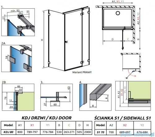 Radaway Essenza Pro Brushed Nickel Kdj kabina 80x70cm prawa szczotkowany nikiel 10097080-91-01R/10098070-01-01