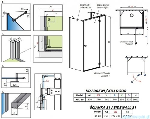 Radaway Essenza Brushed Nickel Kdj+S kabina 75x80x75cm prawa szczotkowany nikiel 1384049-01-01/1385021-91-01R/1384049-01-01