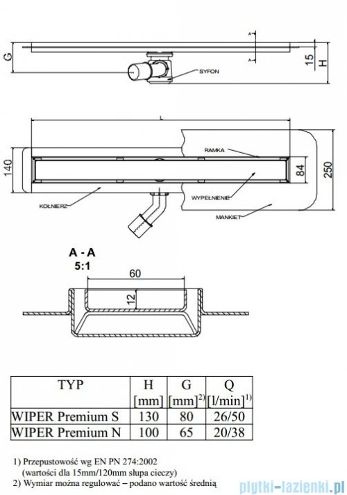 Wiper Odpływ liniowy Premium Ponente 110cm z kołnierzem mat P1100MPS100