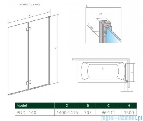 Radaway Nes 8 Pnd I parawan nawannowy 140cm prawy przejrzyste 10060140-01-01R