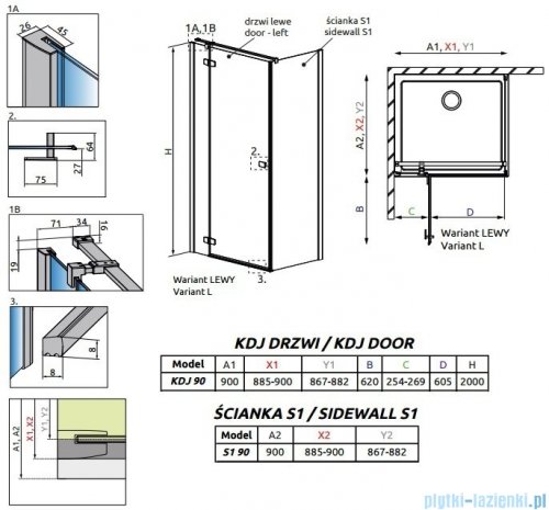 Radaway Fuenta New Kdj kabina 90x90cm lewa szkło przejrzyste 384044-01-01L/384050-01-01