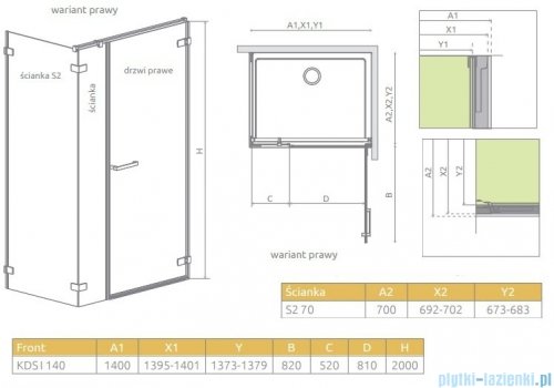 Radaway Arta Kds I kabina 140x70cm prawa szkło przejrzyste 386820-03-01R/386105-03-01R/386109-03-01