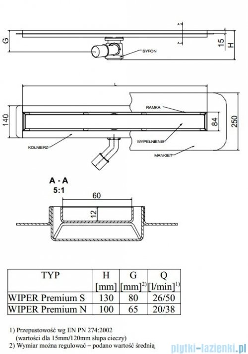 Wiper Odpływ liniowy Premium Pure 80cm z kołnierzem szlif PU800SPS100