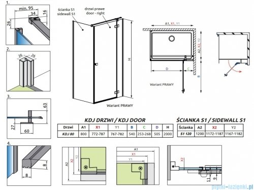Radaway Essenza Kdj Brushed Nickel kabina 80x120cm prawa szczotkowany nikiel 1385043-91-01R/1384054-01-01