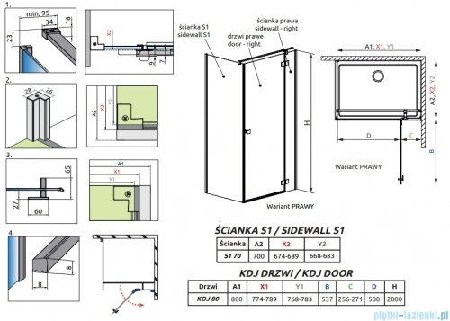 Radaway Essenza 8 Gold Kdj kabina 80x70cm prawa złoty połysk/szkło przejrzyste 10480512-01-01R/10470237-09-01R/10113070-01-01