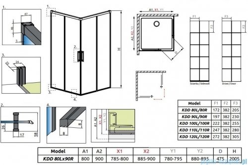 Radaway Idea Black Kdd Factory kabina prysznicowa 80x90cm 387061-54-55L/387060-54-55R