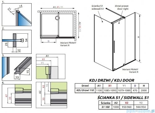 Radaway Furo Kdj Brushed GunMetal kabina 110x100cm prawa szczotkowany grafit 10104572-92-01R/10110530-01-01/10113100-01-01