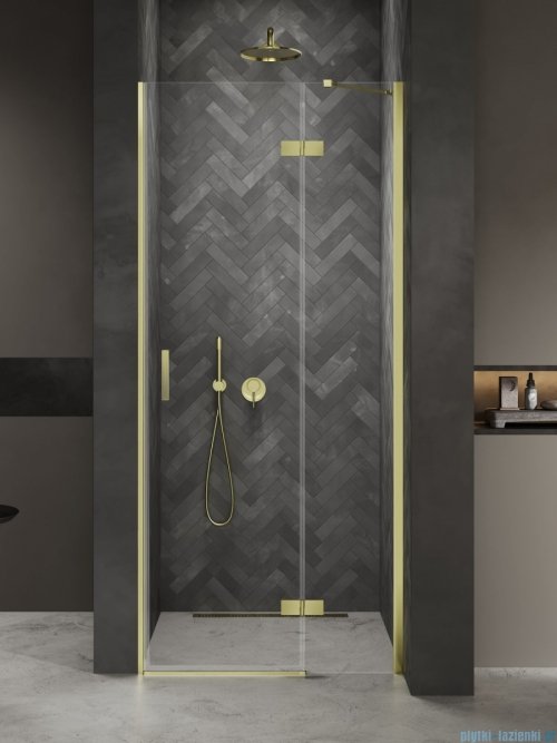 New Trendy Nesta Light Gold 80x200 cm drzwi wnękowe prawe wspornik skośny złoty połysk/szkło przejrzyste D-0908A