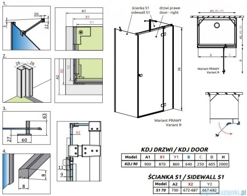 Radaway Essenza Brushed Gold Kdj+S kabina 70x90x70cm prawa szczotkowane złoto 1384048-01-01/1385020-99-01R/1384048-01-01