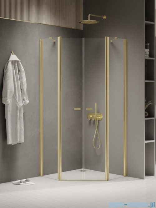New Trendy New Soleo Light Gold 80x80x195 cm kabina pięciokątna drzwi podwójne wspornik skośny złoty połysk/szkło przejrzyste K-1667