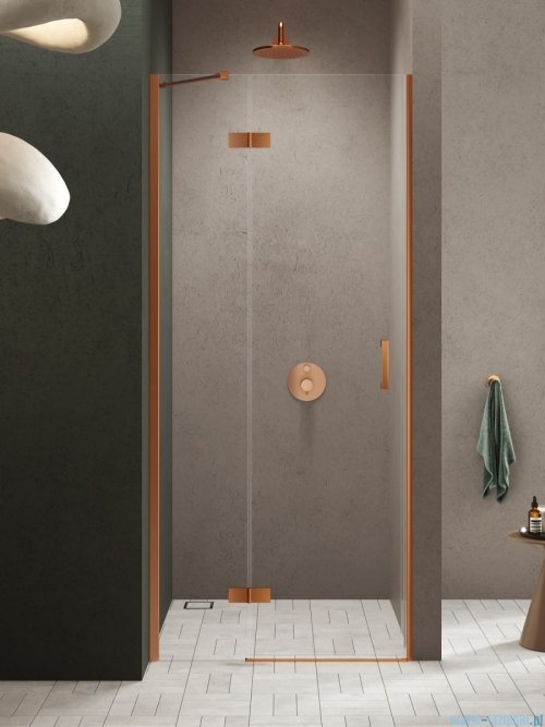 New Trendy Nesta Copper Brushed 100x200 cm drzwi wnękowe lewe wspornik skośny miedź szczotkowana/szkło przejrzyste D-0921A