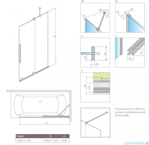 Radaway Furo PND II parawan nawannowy 170cm prawy szkło przejrzyste 10109888-01-01R/10112844-01-01