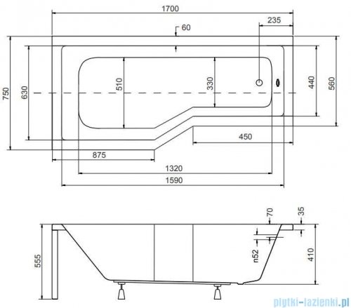 Besco Integra 170x75cm wanna asymetryczna lewa + obudowa + syfon #WAI-170-PL/#OAI-170-NS/19975