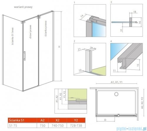Radaway Espera KDJ S Ścianka boczna 75 lewa szkło przejrzyste 380146-01L