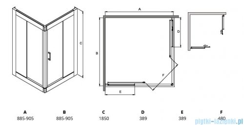 Besco Modern kabina kwadratowa 90x90x185cm mrożone rysunek techniczny