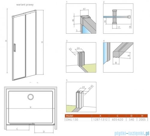 Radaway Idea 6 DWJ Brushed Light Gold drzwi wnękowe 130cm prawe szczotkowane jasne złoto 387017-98-01R