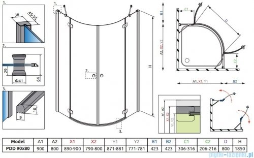 Radaway Torrenta PDD Kabina półokrągła 90x80 szkło przejrzyste 131630-01-01