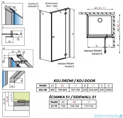 Radaway Fuenta New Kdj kabina 80x75cm prawa szkło przejrzyste 384043-01-01R/384049-01-01