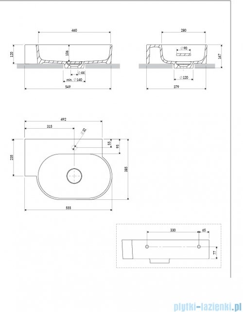 Omnires Ovo M+ umywalka nablatowa/wisząca lewa 55x38 cm ash grey mat OVO555UWLAG