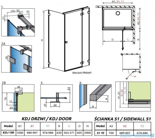 Radaway Essenza Pro Brushed Nickel Kdj kabina 100x70cm prawa szczotkowany nikiel 10097100-91-01R/10098070-01-01