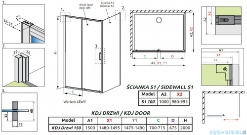Radaway Premium Pro Black Kdj kabina 150x100cm lewa czarny mat/szkło przejrzyste 1015150-54-01L/1016100-54-01