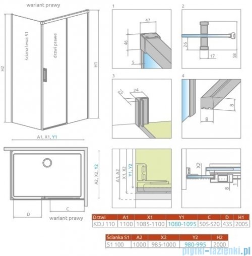 Radaway Idea Kdj Brushed Nickel kabina 110x100cm prawa szczotkowany nikiel 387041-91-01R/387052-91-01L