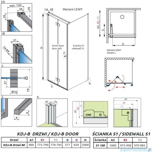 Radaway Nes 6 Kdj B Brushed Light Gold kabina 80x100cm lewa szczotkowane jasne złoto 10025080-98-01L/10039100-01-01