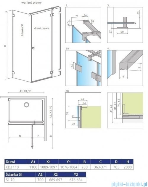 Radaway Essenza Pro White Kdj kabina 110x70cm prawa szkło przejrzyste 10097110-04-01R/10098070-01-01