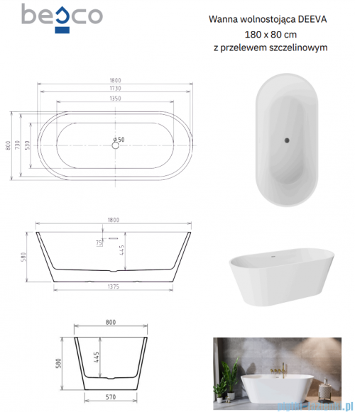 Besco Deeva Glam Grafitowa Illume Coat 180x80 cm wanna wolnostojąca +  syfon chrom #WWA-180DGGC