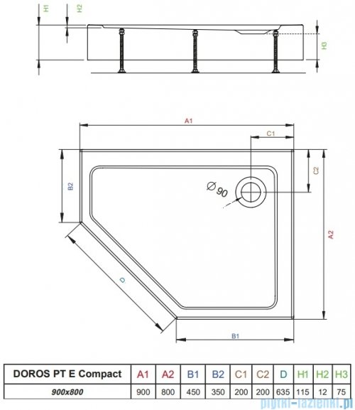 Radaway Doros PT E Compact brodzik pięciokątny prawy z obudową 90x80x11,5cm czarny SDRPTP9080-05-54SR