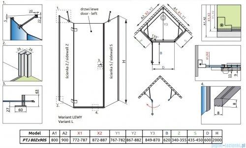 Radaway Essenza Ptj kabina pięciokątna 80x90cm lewa szkło przejrzyste 1385010-01-01L/1385052-01-01