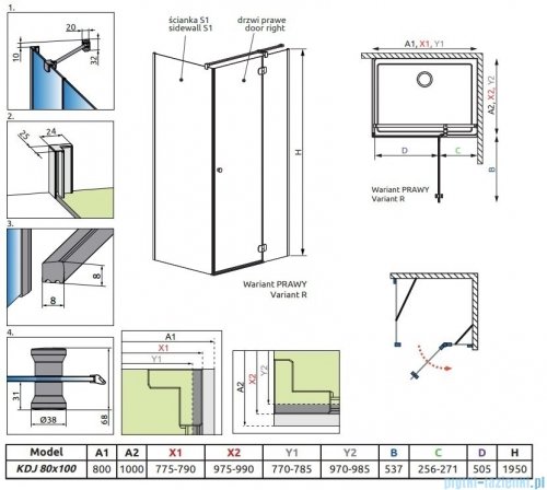 Radaway Torrenta KDJ kabina prysznicowa 80x100 prawa przejrzyste wspornik krzyżowy 132250-01-01R