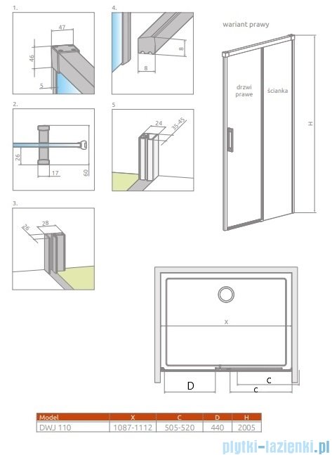 Radaway Idea Black 8 Dwj drzwi wnękowe 110cm prawe czarny mat/szkło przejrzyste 10330570-54-01R/10350503-01-01