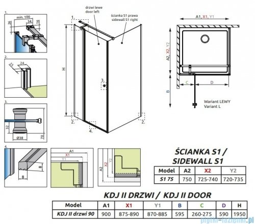 Radaway Eos KDJ II kabina prysznicowa 90x75 lewa przejrzyste 13799421-01L/13799409-01