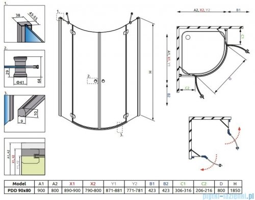 Radaway Torrenta PDD E Kabina prysznicowa 90x80 szkło przejrzyste + Brodzik Siros E Compact lewy + syfon 31630-01-01N