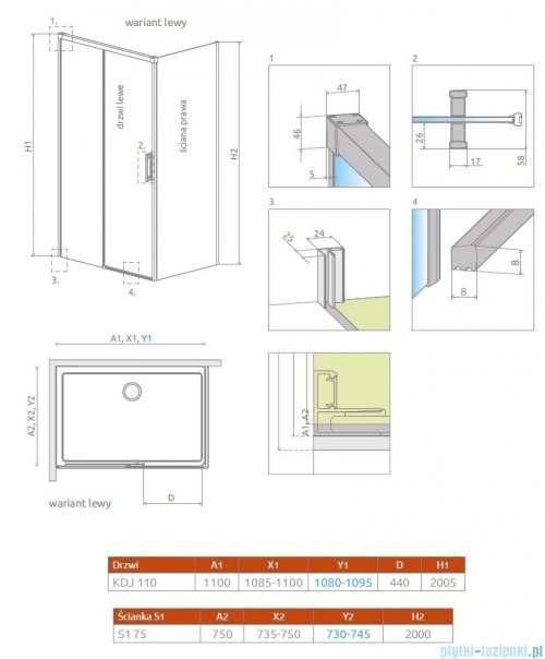 Radaway Idea Gold Kdj kabina 110x75cm lewa złoty połysk/szkło przejrzyste 387041-09-01L/387049-09-01R
