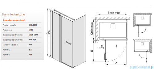 Sanplast kabina narożna prostokątna KNDJ2/PRIII-80x110 80x110x198 cm przejrzyste 600-073-0270-38-401