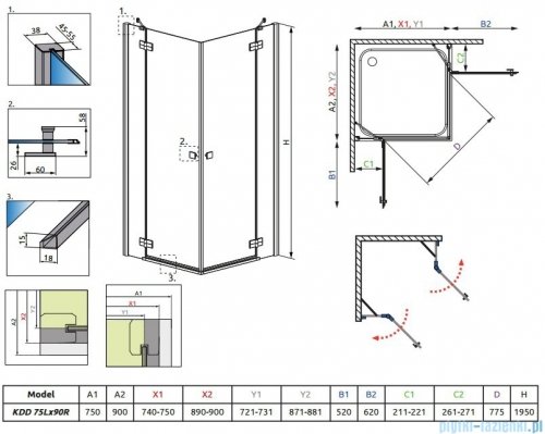 Almatea Kdd Radaway Kabina prysznicowa 75x90 szkło grafitowe 32185-01-05N
