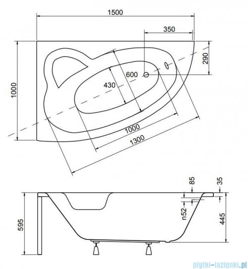 Besco Natalia Premium 150x100cm wanna asymetryczna lewa z uchwytami i zagłówkiem + obudowa + syfon #WAN-150-NL$/OAN-150-NL/19975
