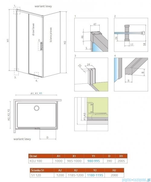 Radaway Idea Gold Kdj kabina 100x120cm lewa złoty połysk/szkło przejrzyste 387040-09-01L/387054-09-01R