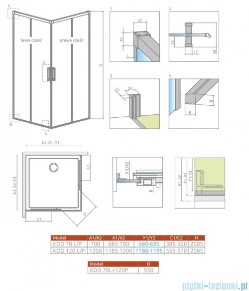 Radaway Idea Kdd Brushed GunMetal kabina 70x120cm szczotkowany grafit 387065-92-01L/387064-92-01R