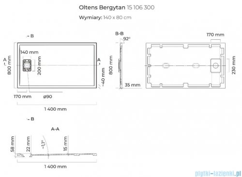 Oltens Bergytan brodzik prostokątny 140x80 cm RockSurface czarny mat 15106300