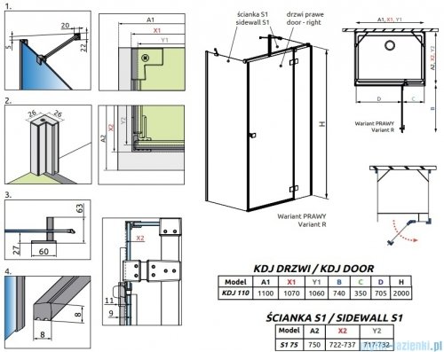 Radaway Essenza Brushed GunMetal Kdj+S kabina 75x110x75cm prawa szczotkowany grafit 1384049-01-01/1385023-92-01R/1384049-01-01