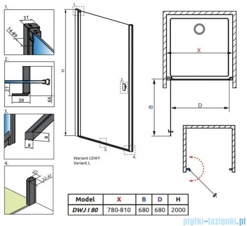 Radaway Nes 8 Black Dwj I Frame Drzwi wnękowe 80cm lewe czarny mat/szkło przejrzyste 10076080-54-56L