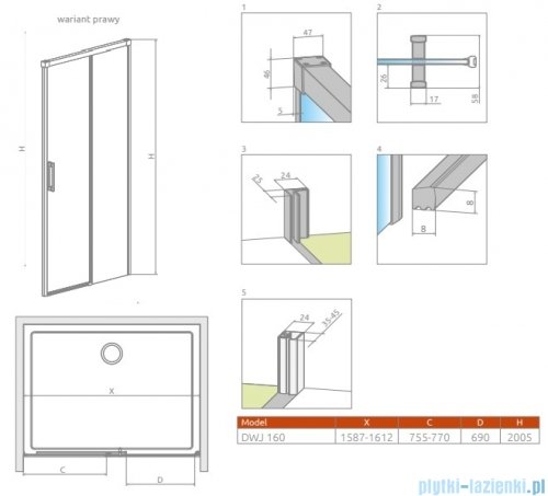 Radaway Idea DWJ Brushed Nickel drzwi wnękowe 160cm prawe szczotkowany nikiel 387020-91-01R