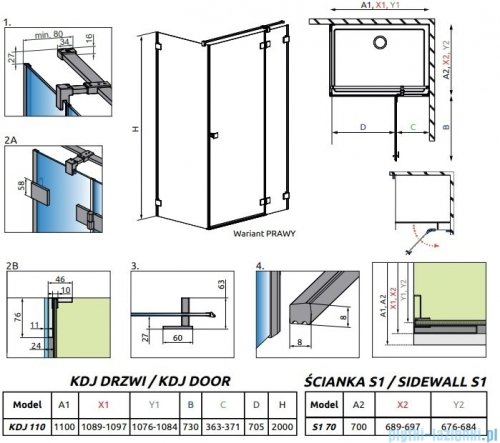 Radaway Essenza Pro Brushed GunMetal Kdj kabina 110x70cm prawa szczotkowany grafit 10097110-92-01R/10098070-01-01