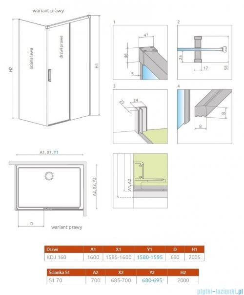 Radaway Idea Gold Kdj kabina 160x70cm prawa złoty połysk/szkło przejrzyste 387046-09-01R/387048-09-01L